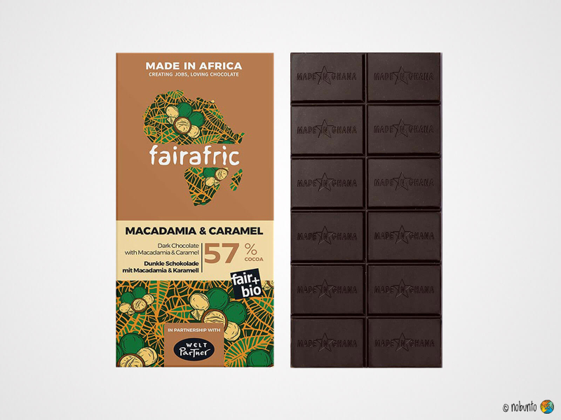 fairafric Bio Zartbitter-Schokolade Macadamia & Karamell 57 % (80 g)